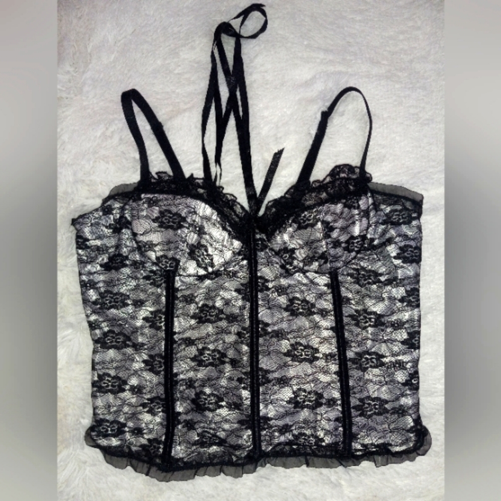 Vintage Coquette Lace-Up Corset Top Black Lace Lingerie Bustier whimsigoth